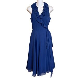Dark Navy Blue Lauren Ralph Lauren Wrap Dress Sleeveless Ruffle Midi Size 2